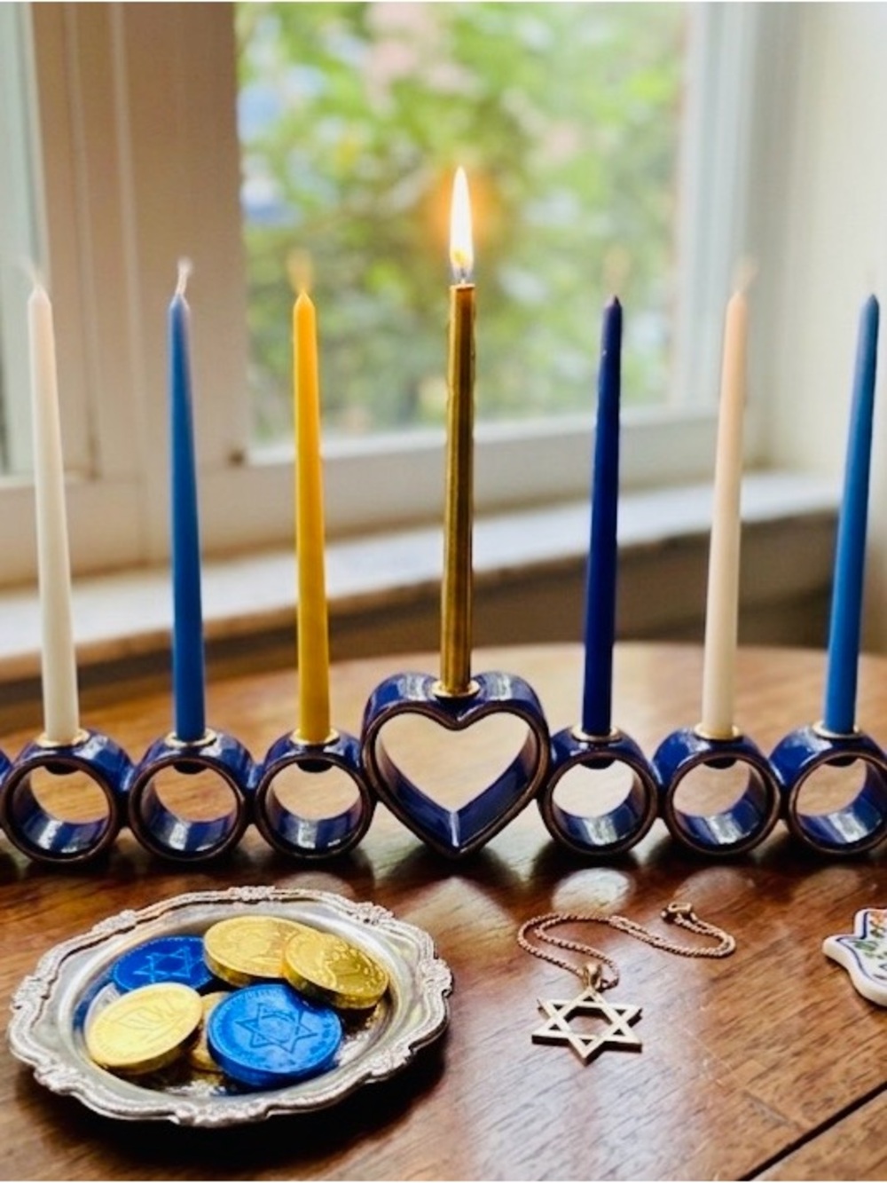 Chanukah menorah-unique design-vintage-European cobalt blue& gold-porcelain